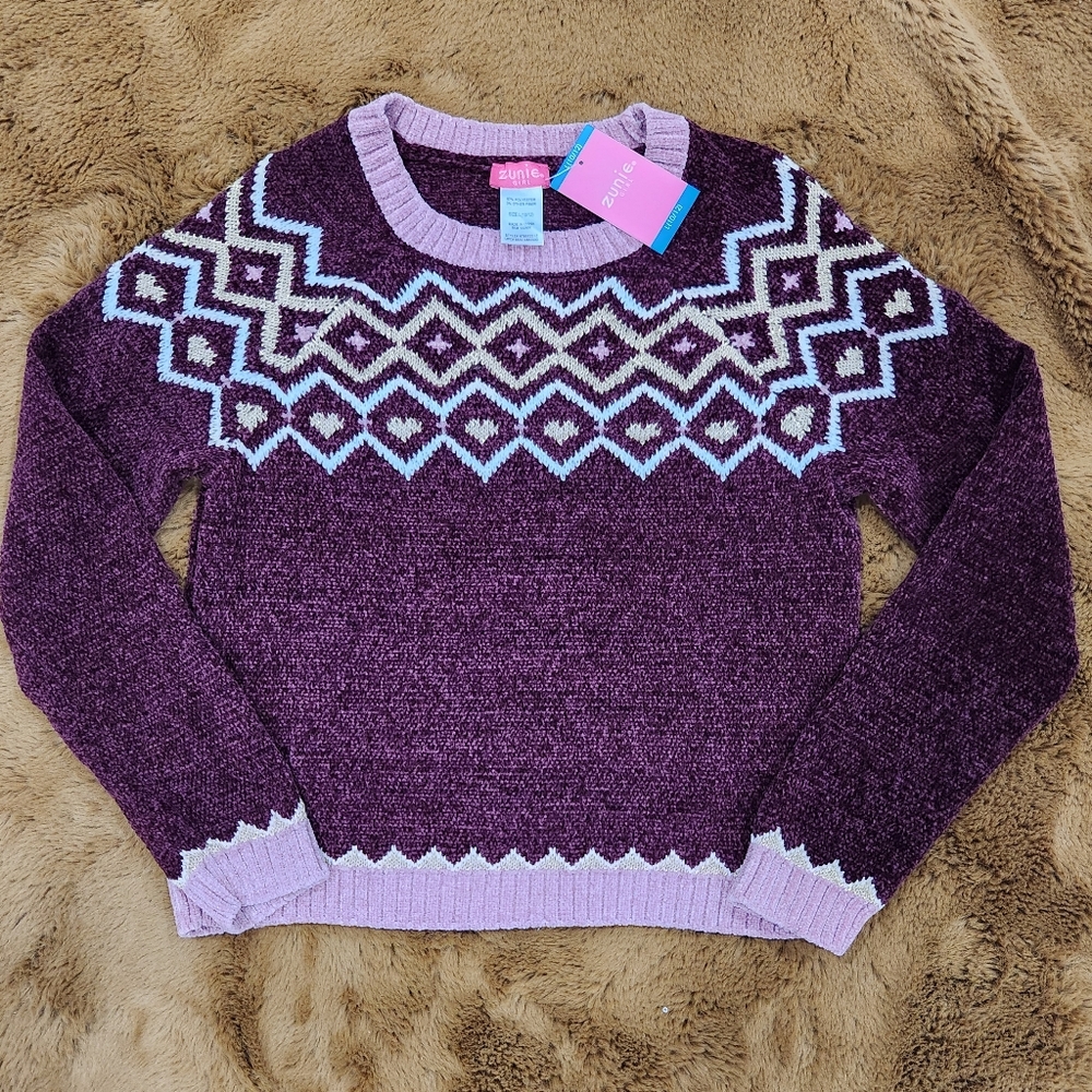 🆕️💜 Zunie, Girls L(10/12), Burgundy,gold,pink Geometric Sweater
